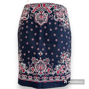 Talbots Petite Bandana Paisley Pencil Skirt Navy Blue and Red Size 4 Petite